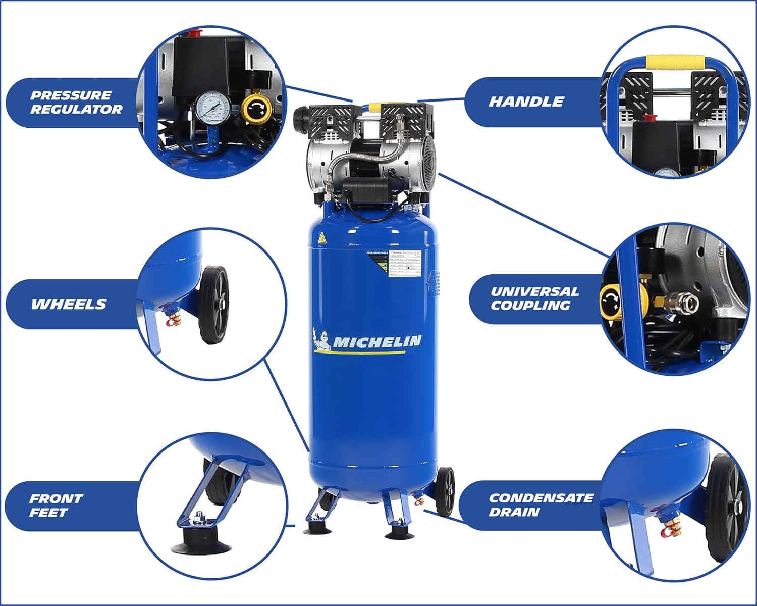 Ultra tichý - SILENT, bezolejový, vertikální vzduchový kompresor, 8 barů, 50 l, 59 dB, 106 l/min., 230 V MICHELIN MVX 50/1